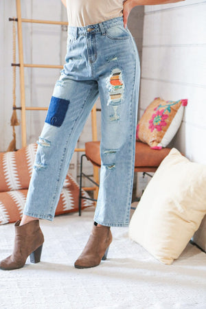 Cotton Washed High Waist Ripped Patchwork Straight Leg Jeans Haptics 
