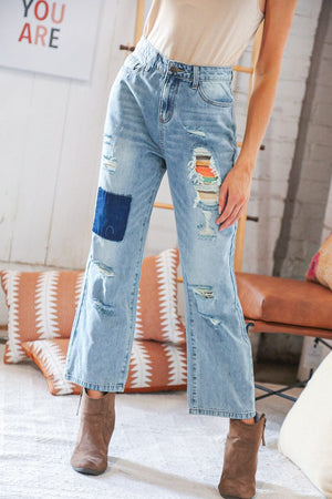Cotton Washed High Waist Ripped Patchwork Straight Leg Jeans Haptics 
