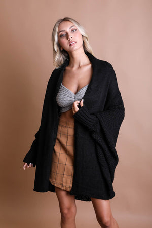 Cozy Chic Bat Wing Bliss Knit Cardigan Ponchos Leto Collection One Size Black 