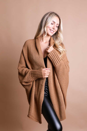 Cozy Chic Bat Wing Bliss Knit Cardigan Ponchos Leto Collection One Size Camel 