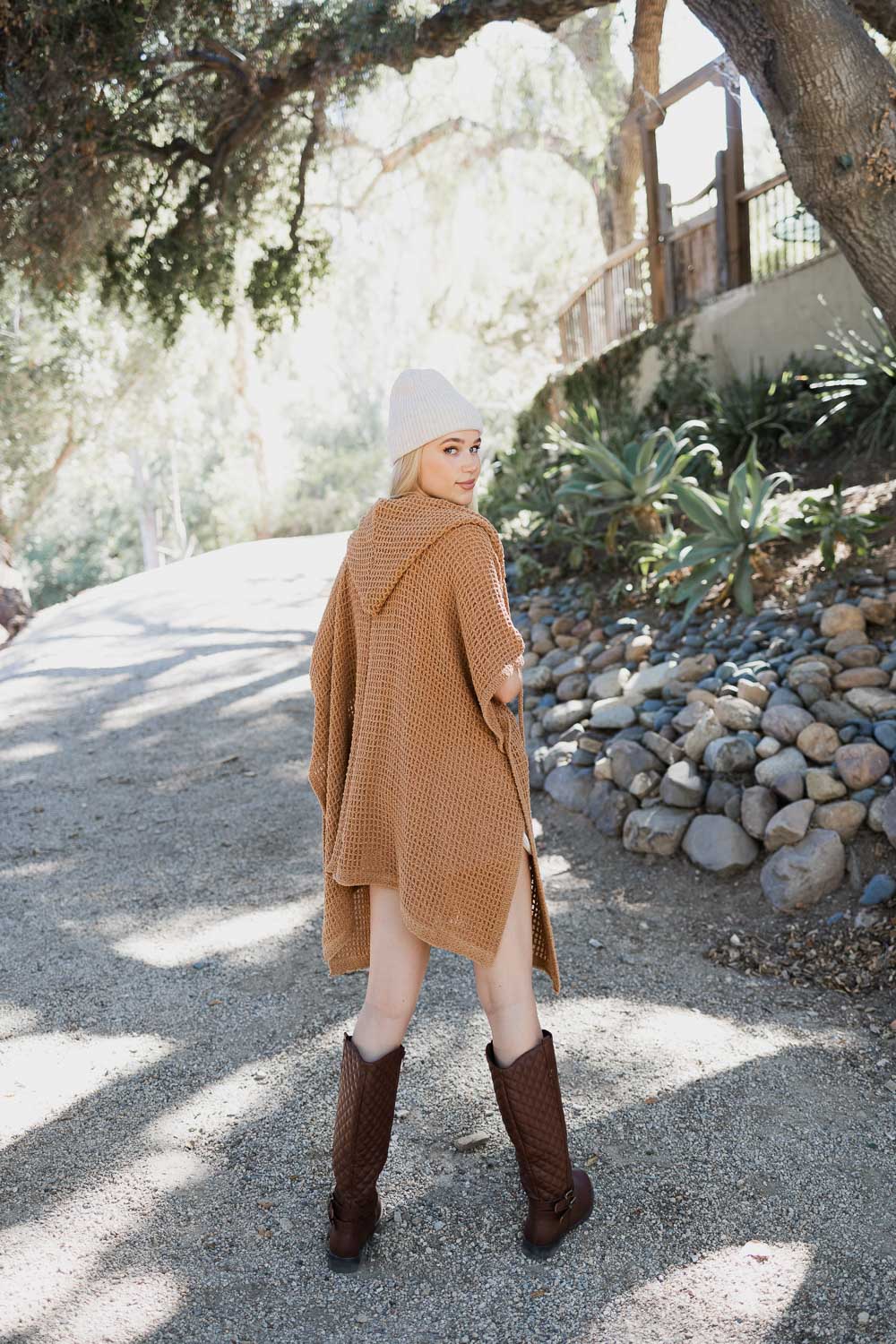 Cozy Soft Waffle Hooded Ruana Ponchos One Size / Camel