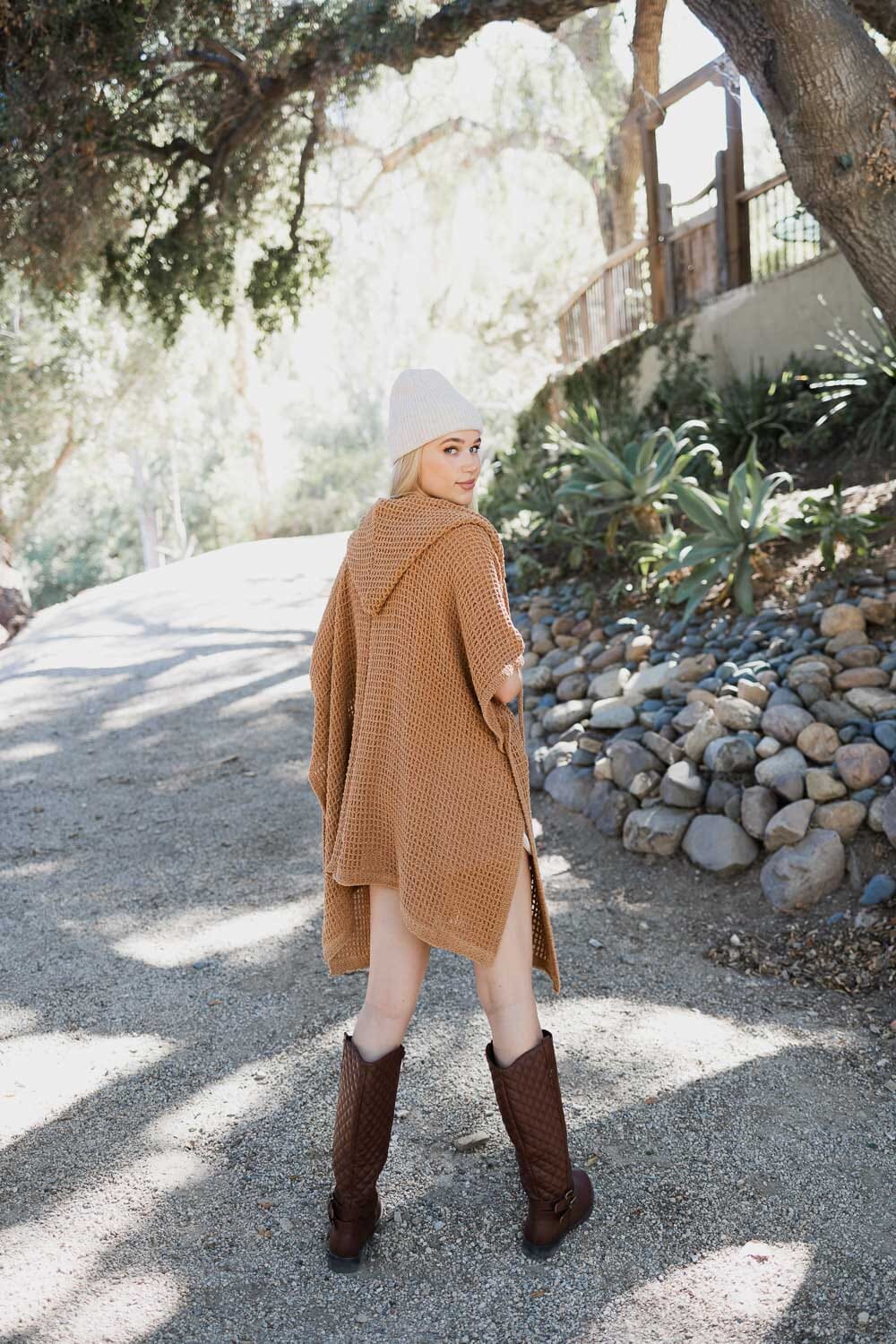 Cozy Soft Waffle Hooded Ruana Ponchos Leto Collection One Size Camel 