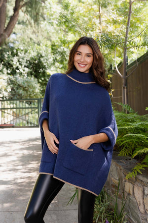 CozyCove Turtle Neck Poncho with Easy Sleeves Ponchos Leto Collection One Size Blue 