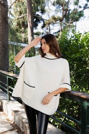 CozyCove Turtle Neck Poncho with Easy Sleeves Ponchos Leto Collection One Size Ivory 