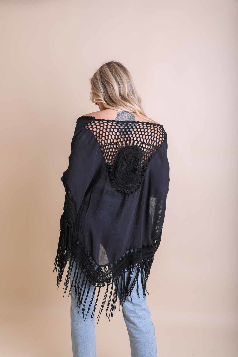Crochet Medallion Tassel Kimono Ponchos Black