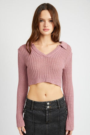 CROPPED COLLAR KNIT TOP Emory Park DUSTY MAUVE S 