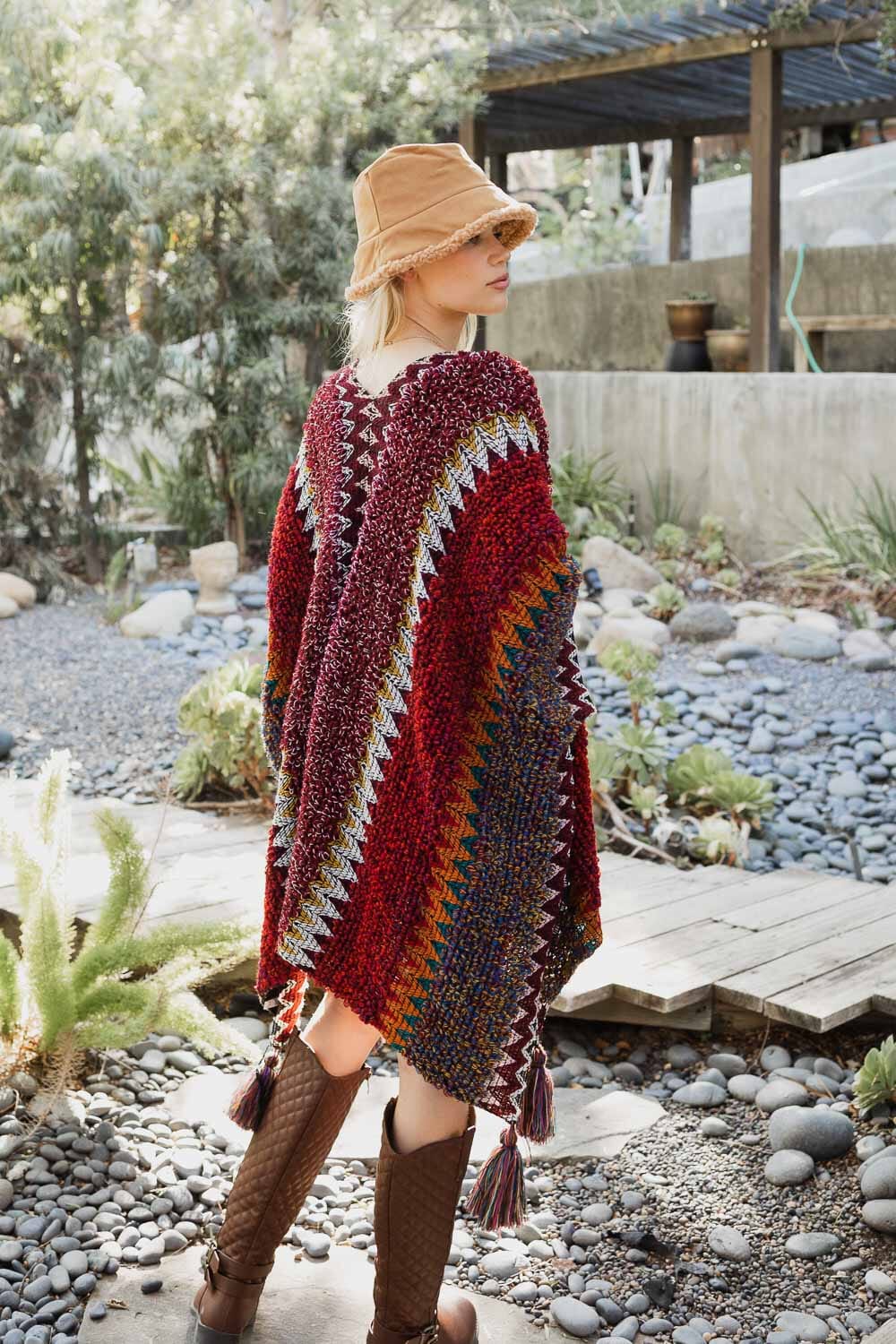 Cuddle Season Crochet Patterned Ruana Ponchos Leto Collection One Size Maroon 