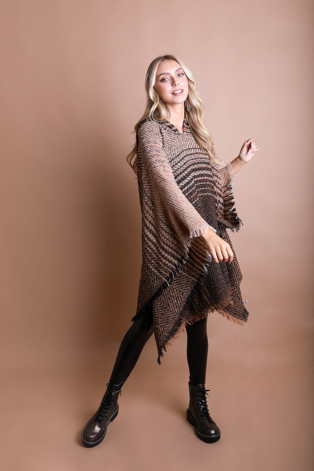 Cuddly Herringbone Hooded Poncho Ponchos