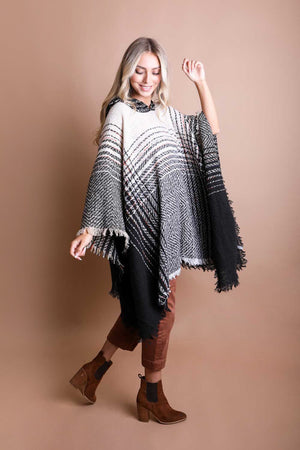 Cuddly Herringbone Hooded Poncho Ponchos Leto Collection One Size Black 