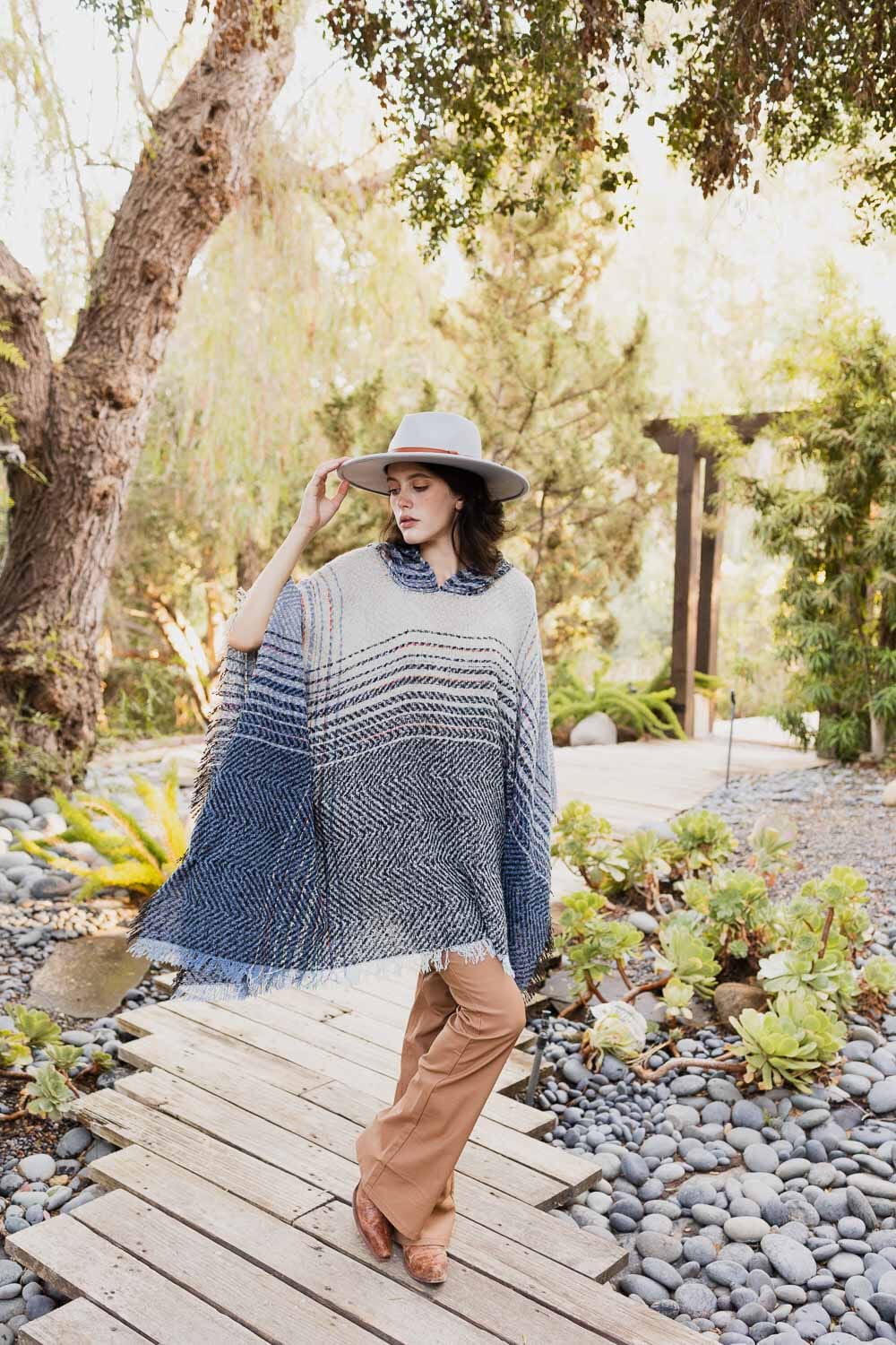 Cuddly Herringbone Hooded Poncho Ponchos Leto Collection One Size Blue 