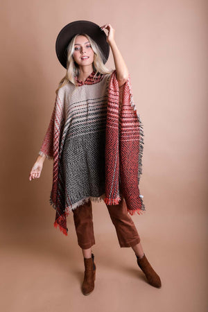 Cuddly Herringbone Hooded Poncho Ponchos Leto Collection One Size Rust 