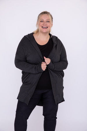 Curvy Longline Hooded Cardigan with Pockets Mono B Black 1XL 