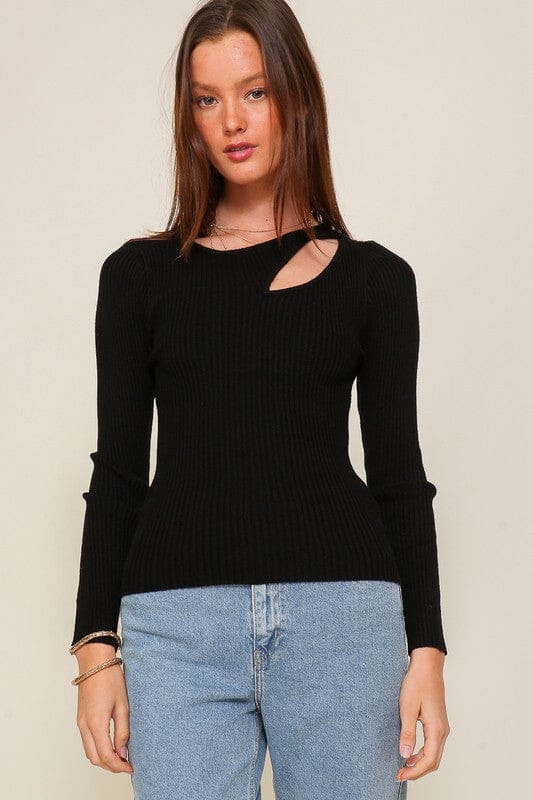 Cut Out Long Sleeve Sweater Top TIMING Black S 
