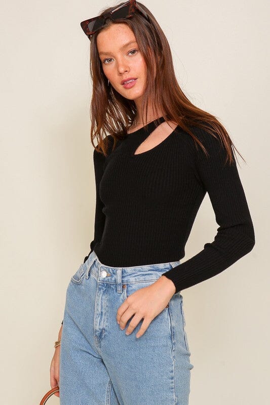 Cut Out Long Sleeve Sweater Top TIMING Black S 