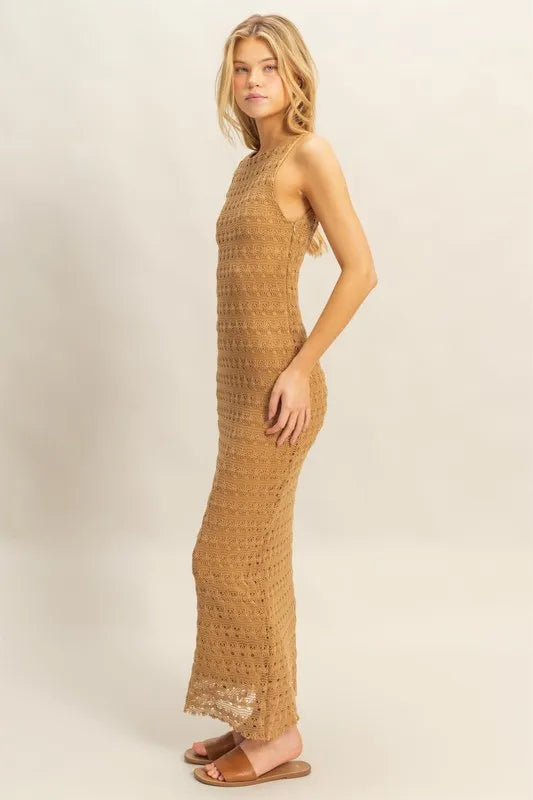 Sleeveless Crochet Open Back Maxi Dress L.BROWN / M