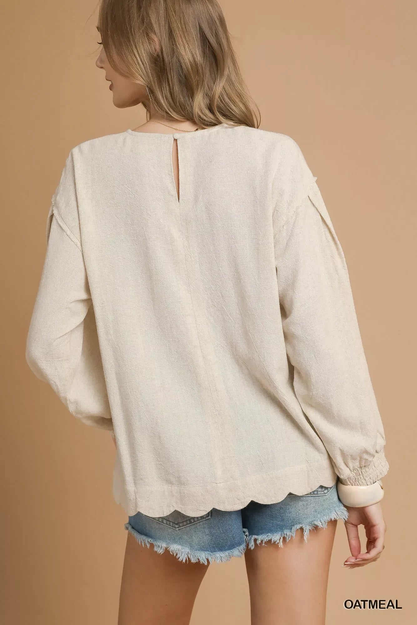 Linen Scallop Hem Long Sleeve Blouse - Knitted Belle Boutique