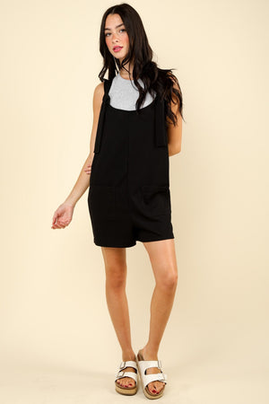 Tie Shoulder Front Pocket Romper - Black