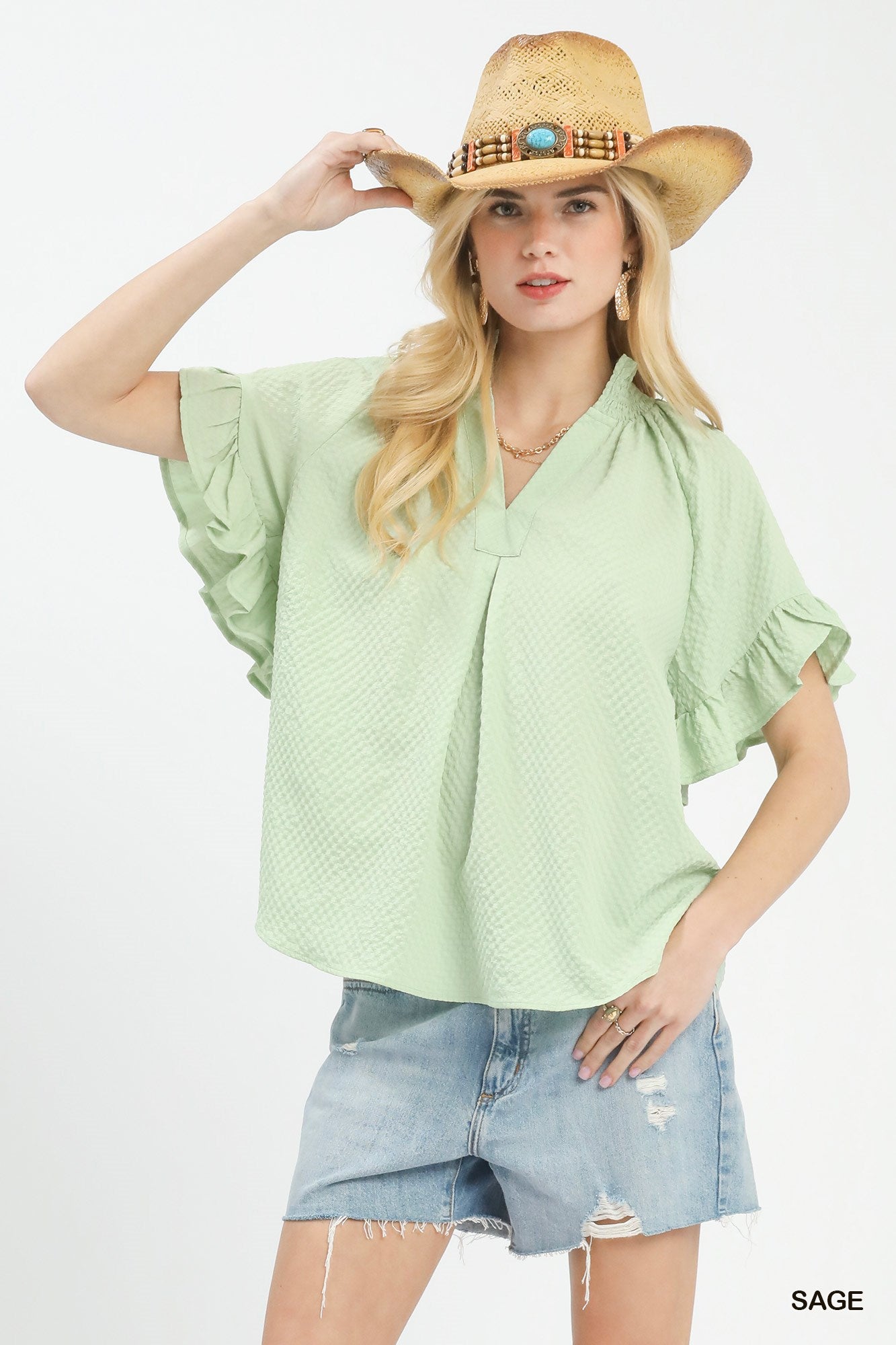 Textured Ruffle Sleeve Blouse
