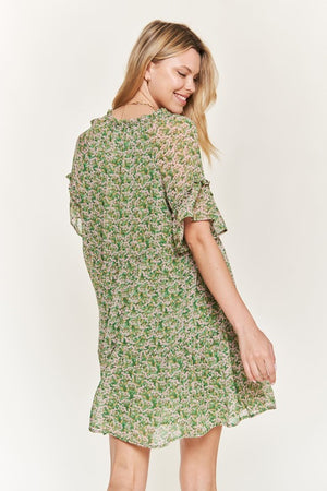 Floral Print V-Neck Mini Dress - Green, Pink