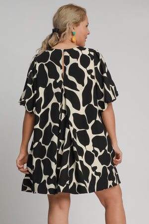 Two Tone Abstract Print Puff Sleeve Dress Plus Size