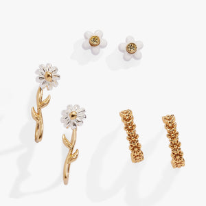 Daisy Flower Stud and Huggie Hoop Earring Set of 3