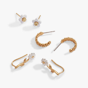 Daisy Flower Stud and Huggie Hoop Earring Set of 3