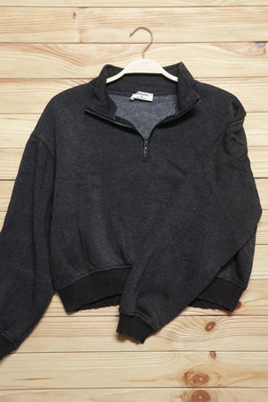Dark Grey Half Zip Cropped Pullover Sweater Zenana 