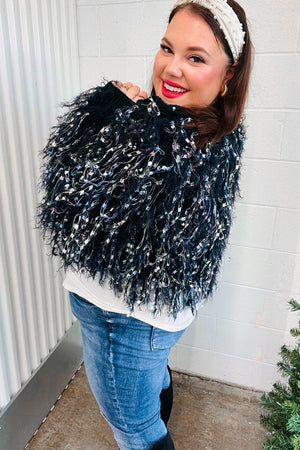 Dazzling Black & Multicolor Fuzzy Fringe Knit Cardigan Bloom 2023 Winter Sale 
