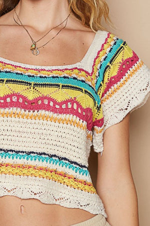Openwork Square Neck Cropped Knit Top