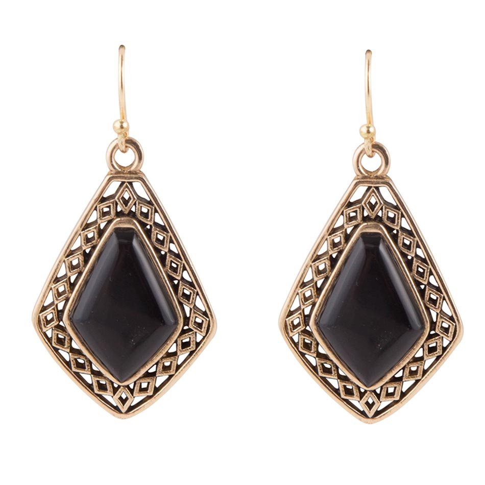 Diamond Black Onyx Stone Golden Drop Earrings
