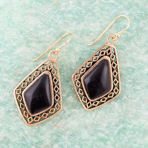 Diamond Black Onyx Stone Golden Drop Earrings