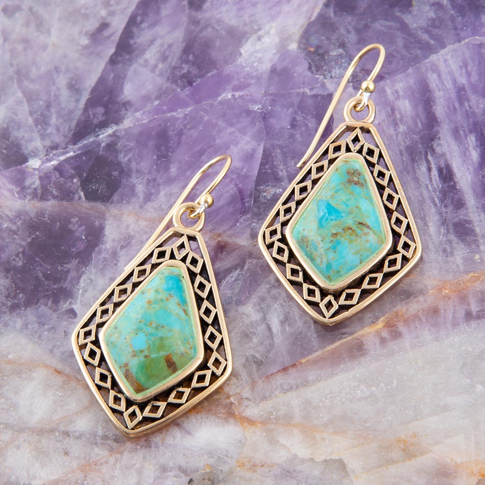 Dimond Blue Turquoise Stone Golden Drop Earrings
