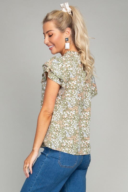 Ditsy Floral Print Butterfly Sleeve Blouse Nuvi Apparel Green S 