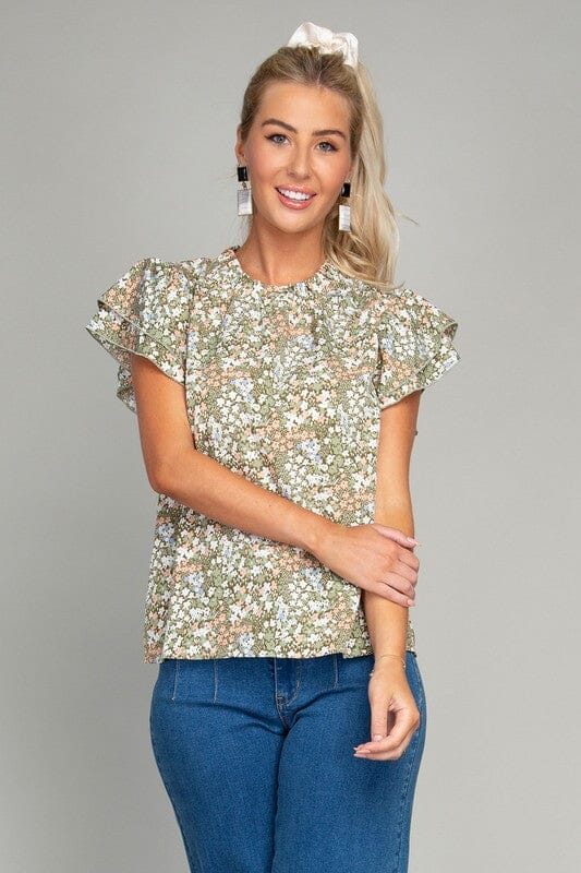 Ditsy Floral Print Butterfly Sleeve Blouse Nuvi Apparel Green S 