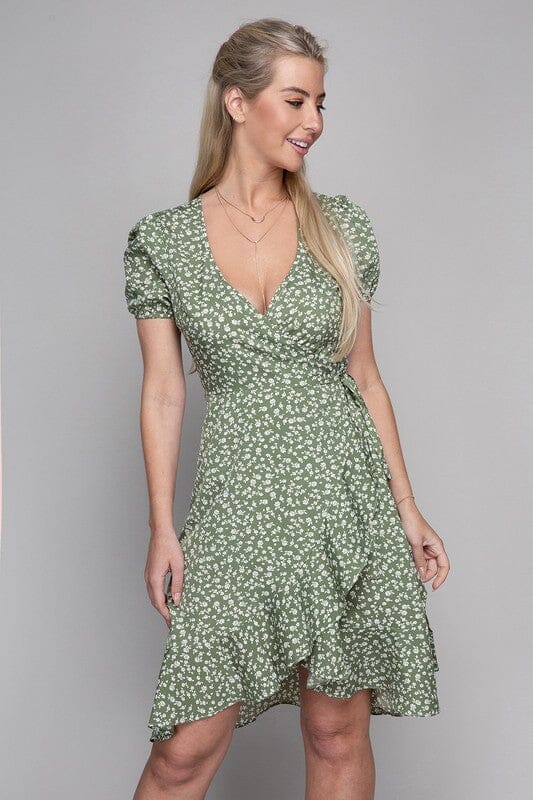 Ditsy Floral Print Wrap Dress Nuvi Apparel Green S 