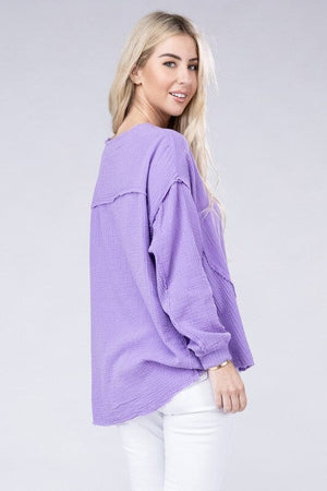 Double Gauze Oversized 3/4 Button Henley Neck Top ZENANA 