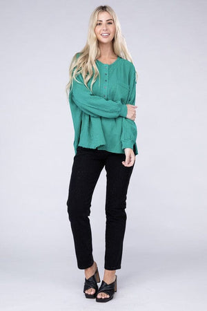 Double Gauze Oversized 3/4 Button Henley Neck Top ZENANA 