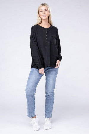 Double Gauze Oversized 3/4 Button Henley Neck Top ZENANA 