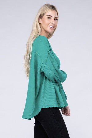 Double Gauze Oversized 3/4 Button Henley Neck Top ZENANA 