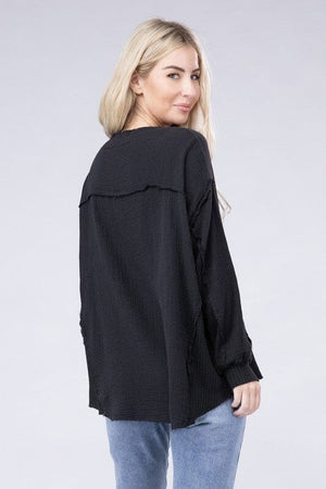 Double Gauze Oversized 3/4 Button Henley Neck Top ZENANA 