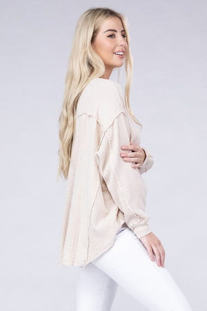 Double Gauze Oversized 3/4 Button Henley Neck Top ZENANA 