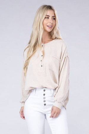 Double Gauze Oversized 3/4 Button Henley Neck Top ZENANA 