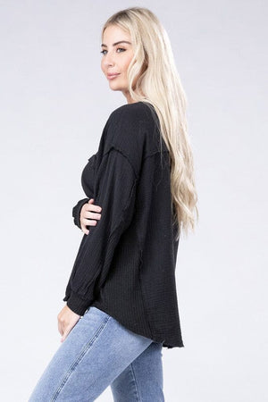 Double Gauze Oversized 3/4 Button Henley Neck Top ZENANA 