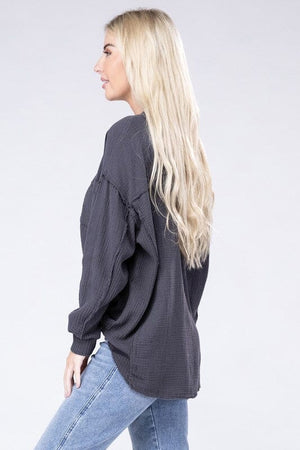 Double Gauze Oversized 3/4 Button Henley Neck Top ZENANA 