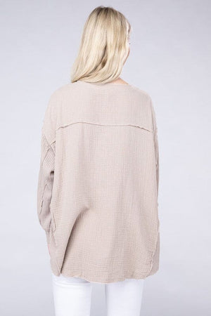 Double Gauze Oversized 3/4 Button Henley Neck Top ZENANA 