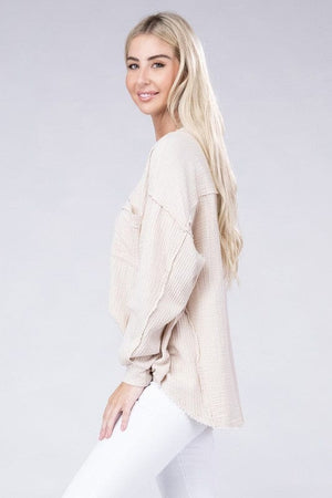 Double Gauze Oversized 3/4 Button Henley Neck Top ZENANA 