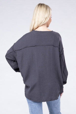 Double Gauze Oversized 3/4 Button Henley Neck Top ZENANA 