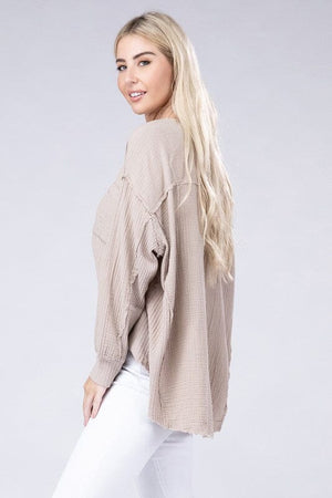 Double Gauze Oversized 3/4 Button Henley Neck Top ZENANA 