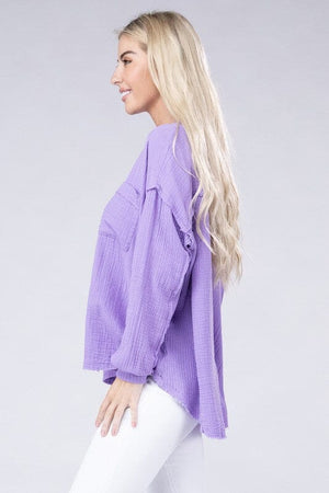 Double Gauze Oversized 3/4 Button Henley Neck Top ZENANA 