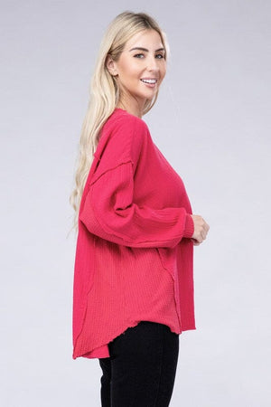 Double Gauze Oversized 3/4 Button Henley Neck Top ZENANA 